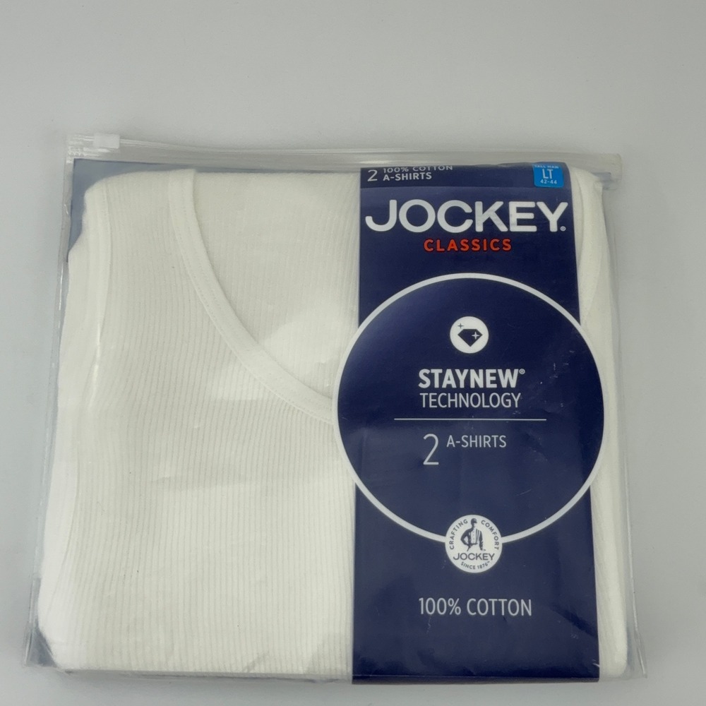 Jockey Classics Mens 2-Pack White A-Shirts Ribbed Cotton Undershirts Size LT